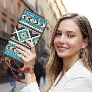 Large Wallets for Women, Rfid Protection, AztecInspired with Wrist Strap